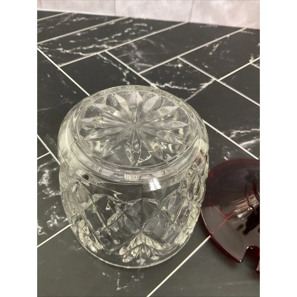 ANCHOR HOCKING Marmalade Pineapple Prescut Crystal w/Royal Ruby Lid No Spoon Vtg
